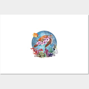 Sea Turtle Flowers Coral Reef Stickers (2) Posters and Art